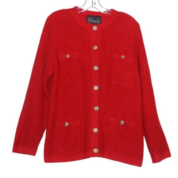 Vintage Rochelle Boucle Jacket Red w/ Gold Buttons Shoulder Pads Size M - Picture 4 of 8